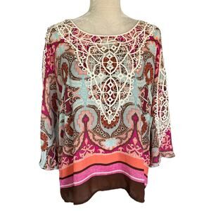 Chico's Printed Crochet-Detail Top 1 M 8 Brown Coral 3/4 Sleeves